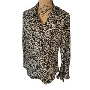 Newport News 100% Silk Ruffled Leopard Animal Print Blouse Size 6 EUC